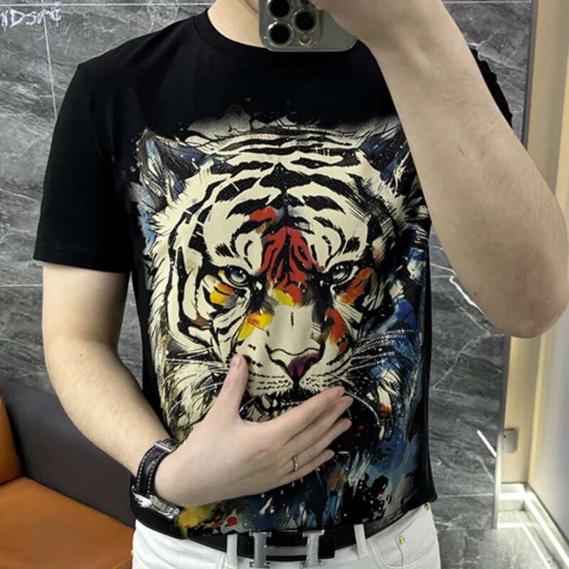 Streetwear Outfit Brand - ストリートホットドリルタイガーヘッド半袖 Tシャツ男性潮ブランド夏のトップ Tシャツ男性ソーシャルクラブ衣装 Tシャツオム