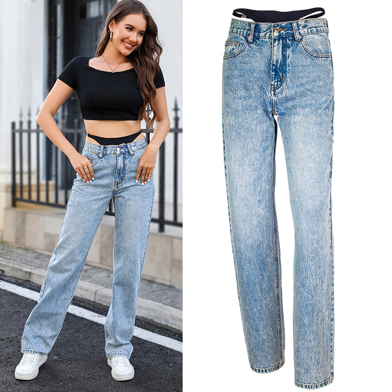 偽ツーピースステッチストレートジーンズ女性デニムパンツハイウ - Streetwear Outfit Brand のレビューと価格