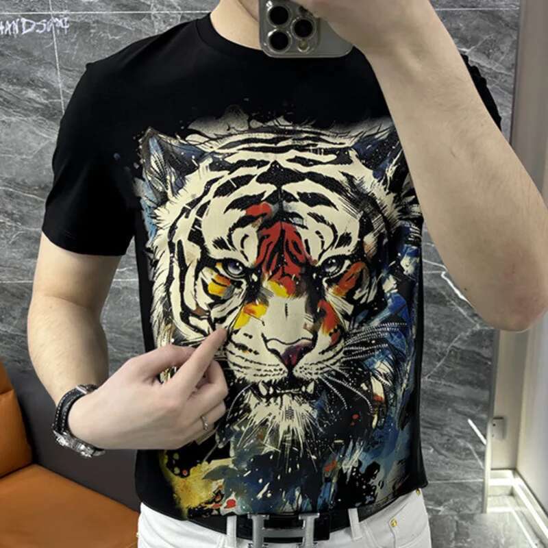 ストリートホットドリルタイガーヘッド半袖 Tシャツ男性潮ブラ - Streetwear Outfit Brand のレビューと価格
