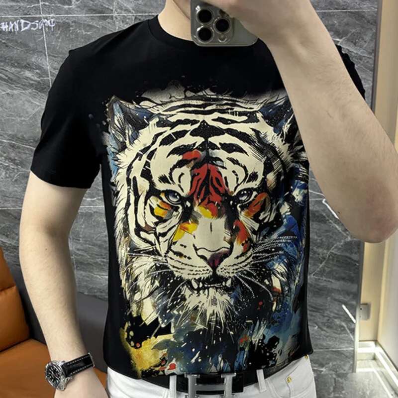 ストリートホットドリルタイガーヘッド半袖 Tシャツ男性潮ブラ - Streetwear Outfit Brand のレビューと価格