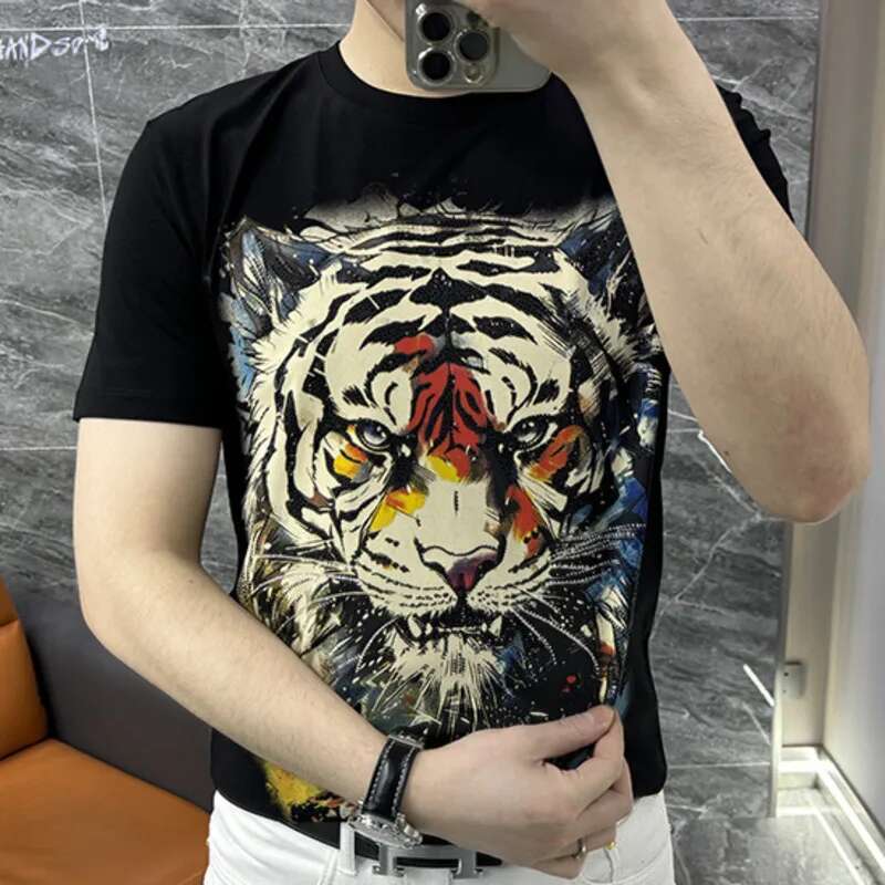 ストリートホットドリルタイガーヘッド半袖 Tシャツ男性潮ブラ - Streetwear Outfit Brand のレビューと価格